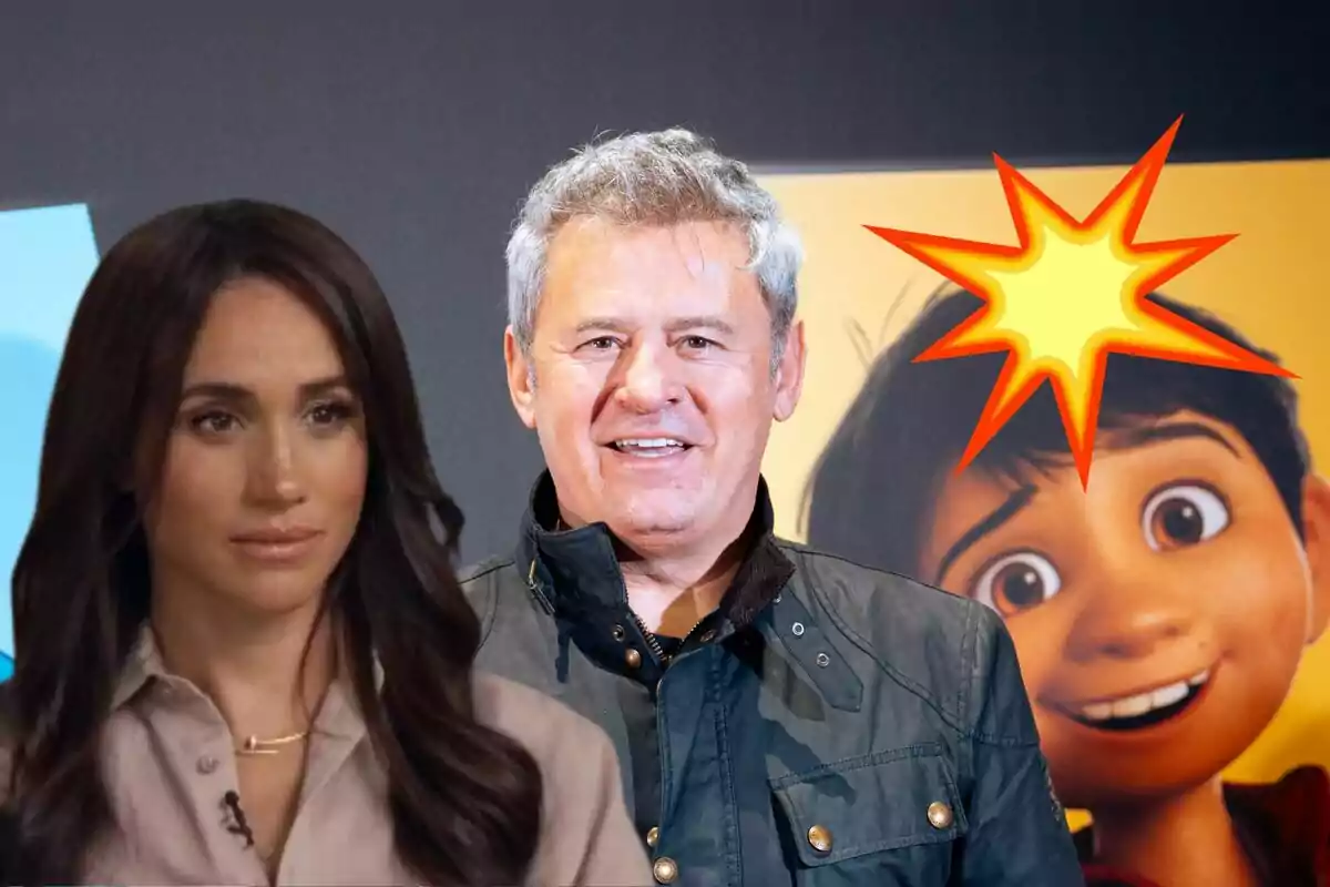 Meghan Markle y Miki Nadal posando frente a un fondo con un personaje animado y un gráfico de explosión.