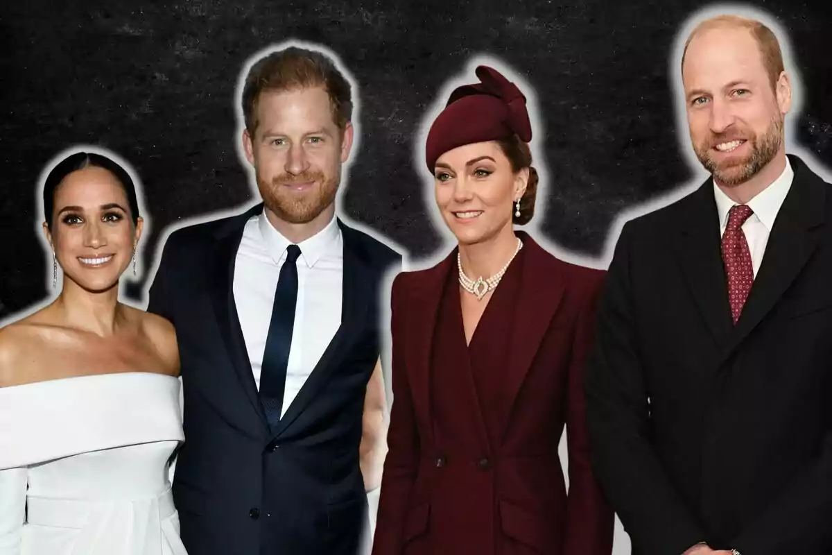Meghan Markle, los príncipes Harry y Guillermo y Kate Middleton posando elegantemente vestidas frente a un fondo oscuro.