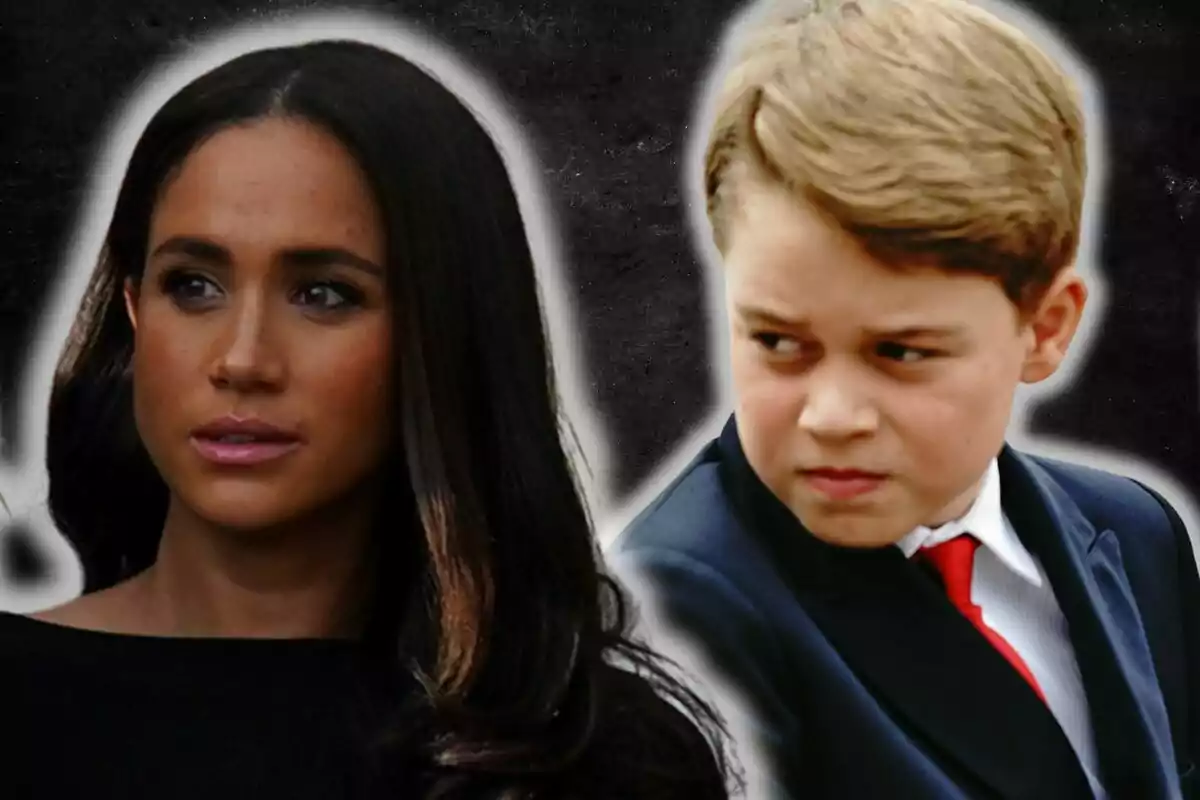 Meghan Markle and Prince George looking in opposite directions with a dark background.