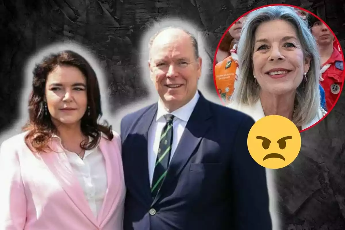 Melanie-Antoinette de Massy and Albert of Monaco pose for the camera with Caroline of Monaco against a red circle background with an angry face emoji overlaid.