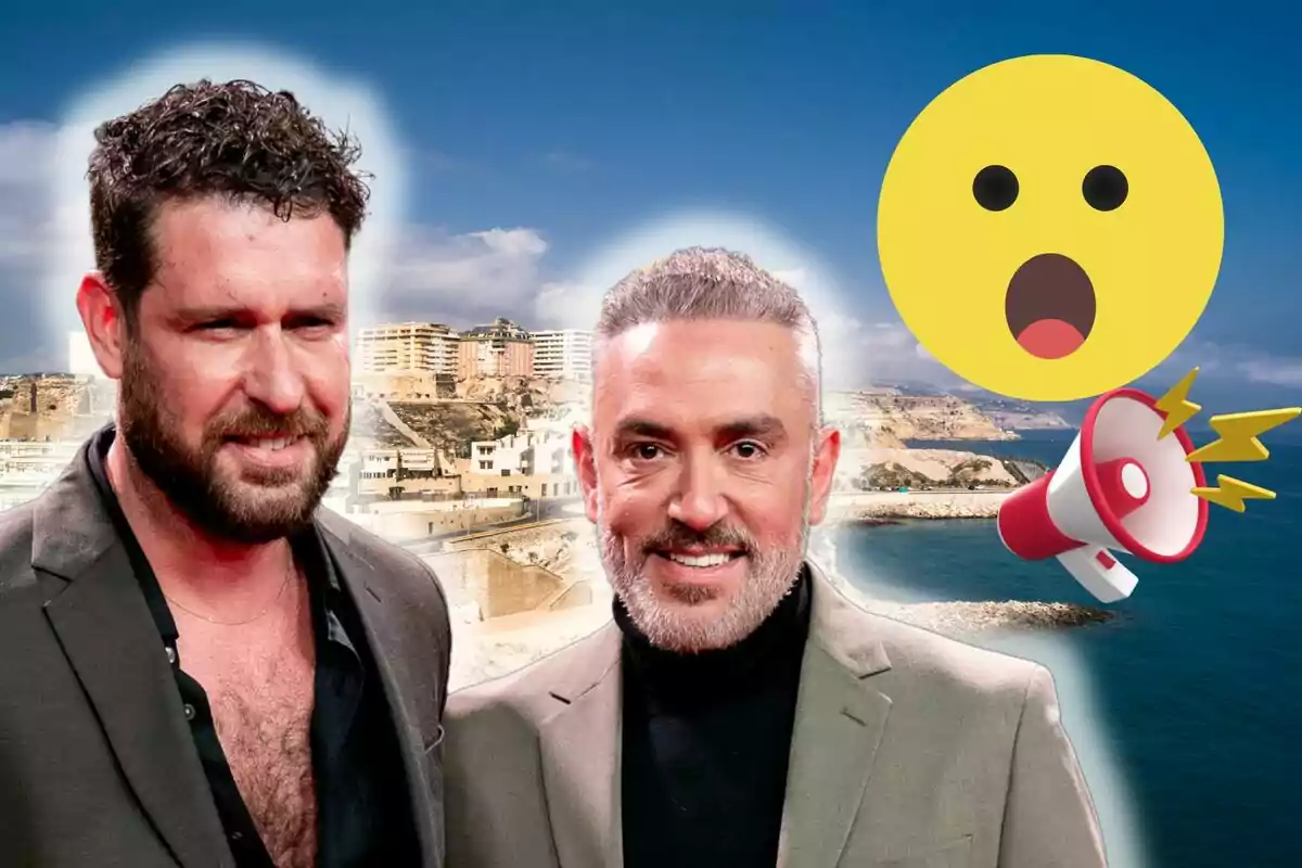 Fran Antón y Kiko Hernández con fondo de paisaje costero y emojis de sorpresa y megáfono.