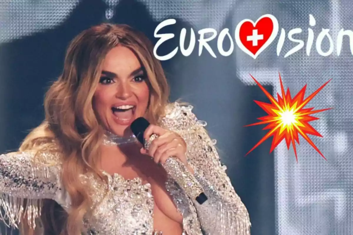 Melody cantando emocionada en un escenario con el logo de Eurovisión al fondo.