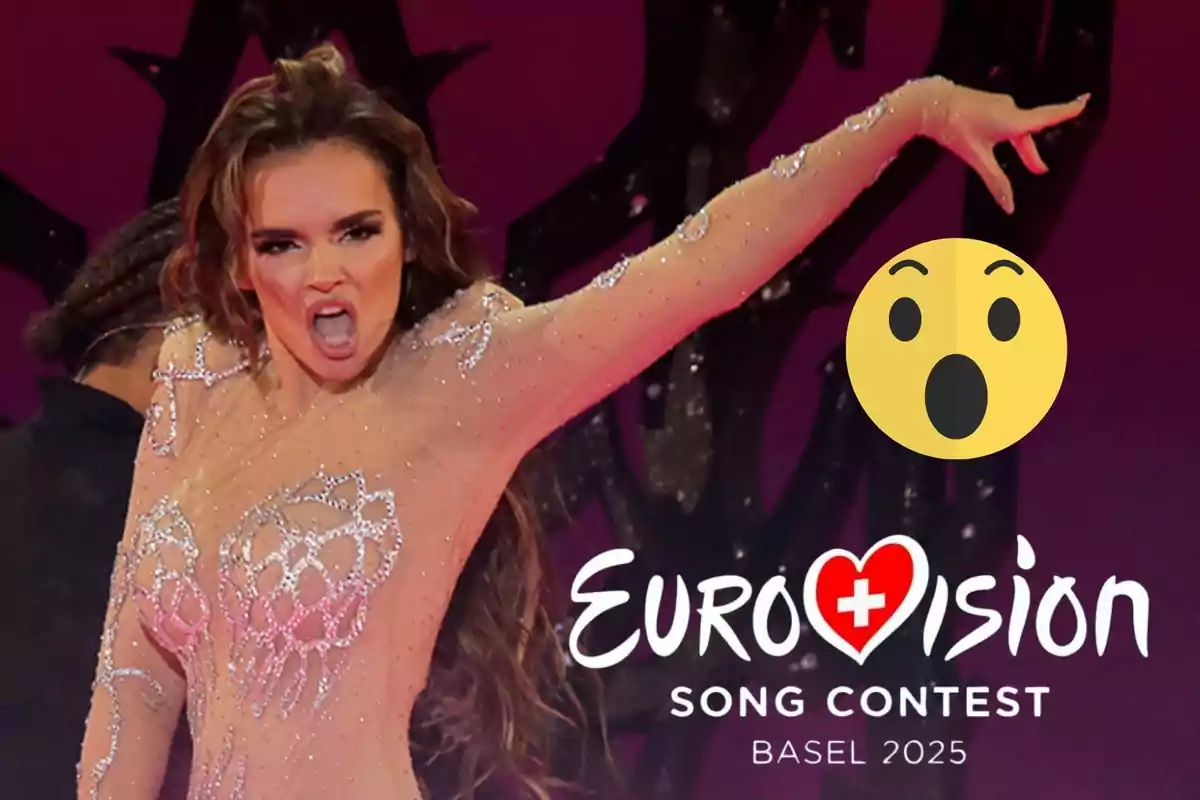 Montage with Melody performing on stage at the Benidorm Fest; the Eurovision 2025 logo in Basel and a surprised emoji.