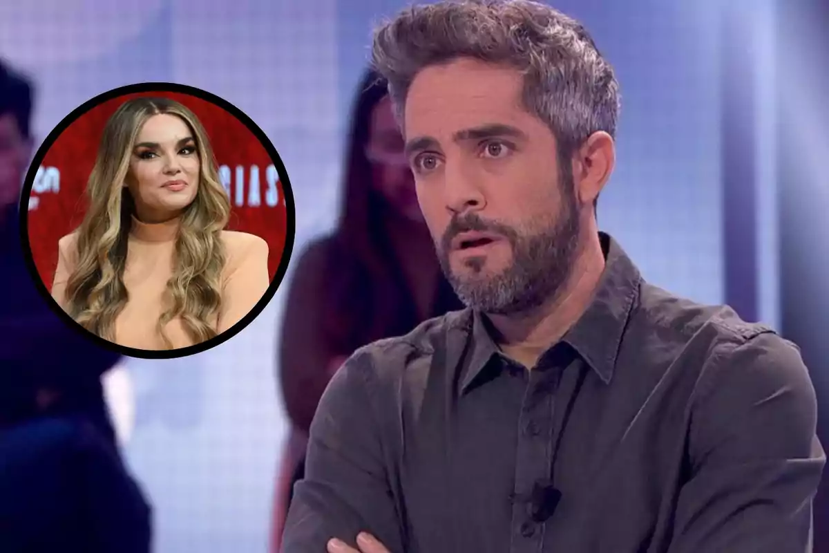 Montaje con Roberto Leal, con expresión seria aparece en primer plano en un estudio de televisión, y en la esquina izquierda hay un círculo negro con la imagen de Melody