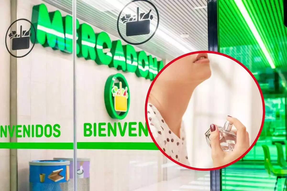 Montaje de la entrada del Mercadona y una imagen de una chica poniéndose colonia