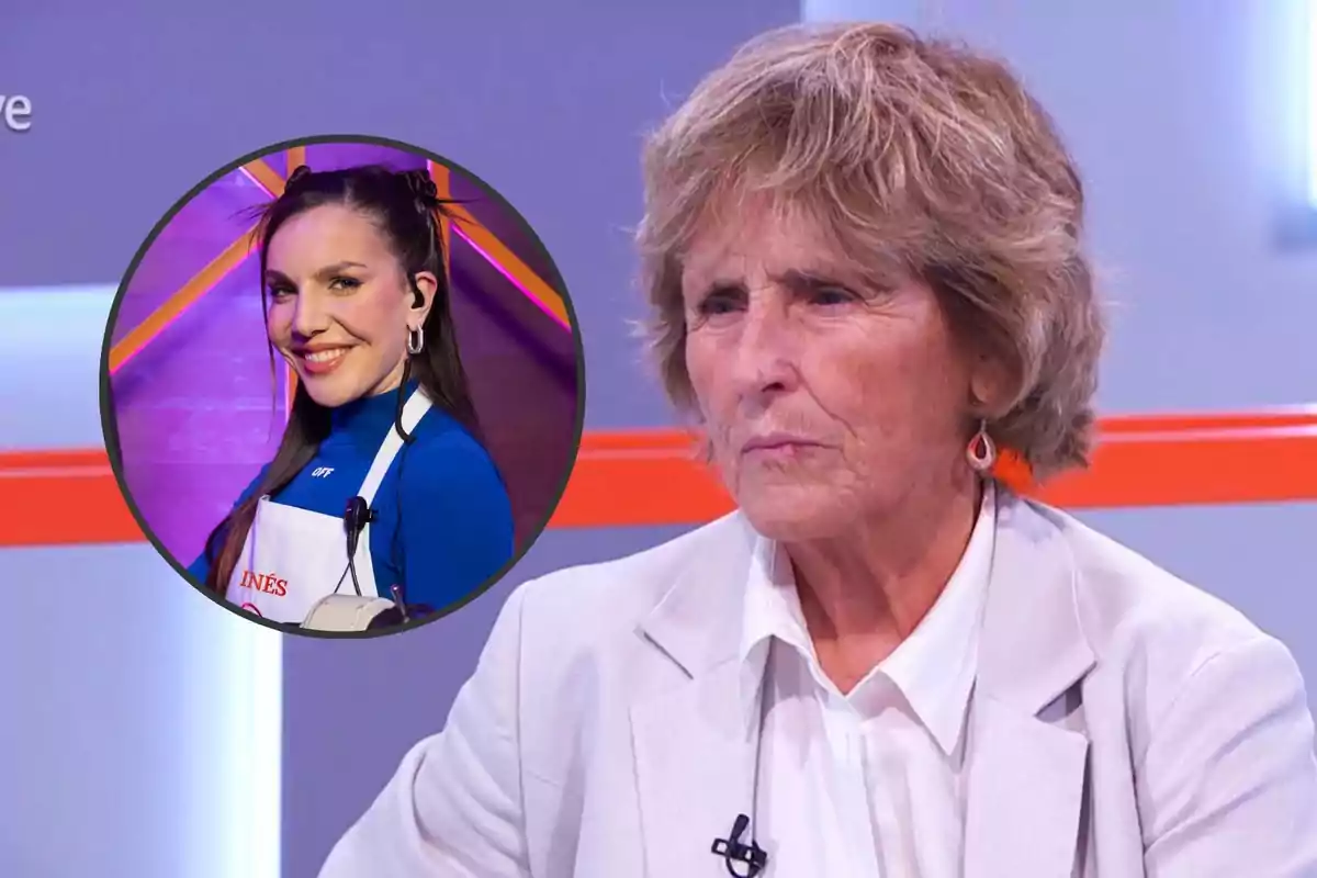 Montaje con Mercedes Milá, con cabello corto y rostro serio en un plató de televisión, e Inés Hernand, en un círculo con el delantal de 'MasterChef' y auriculares sonriendo.