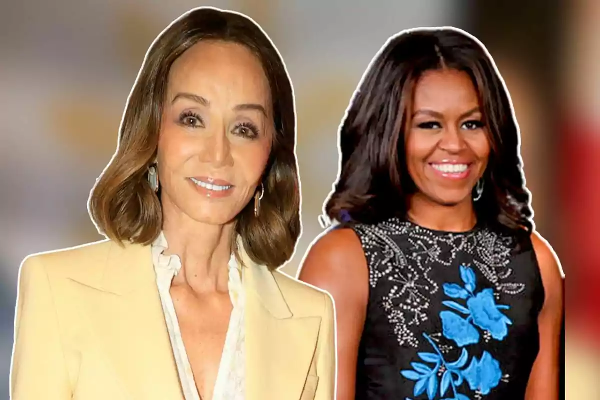 Michelle Obama e Isabel Preysler posando y sonriendo, una con chaqueta beige y la otra con vestido negro con detalles azules.