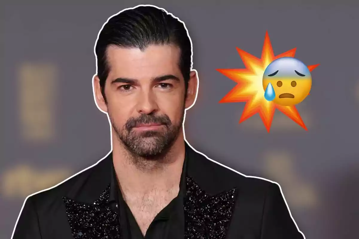 Miguel Ángel Muñoz con barba y cabello oscuro, vestido con traje negro, con un emoji de cara preocupada y una explosión en el fondo.