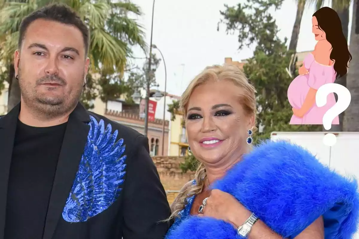 Miguel Marcos y Belén Esteban posando al aire libre, ambos vestidos con ropa elegante y detalles en azul, con un fondo de árboles y edificios.