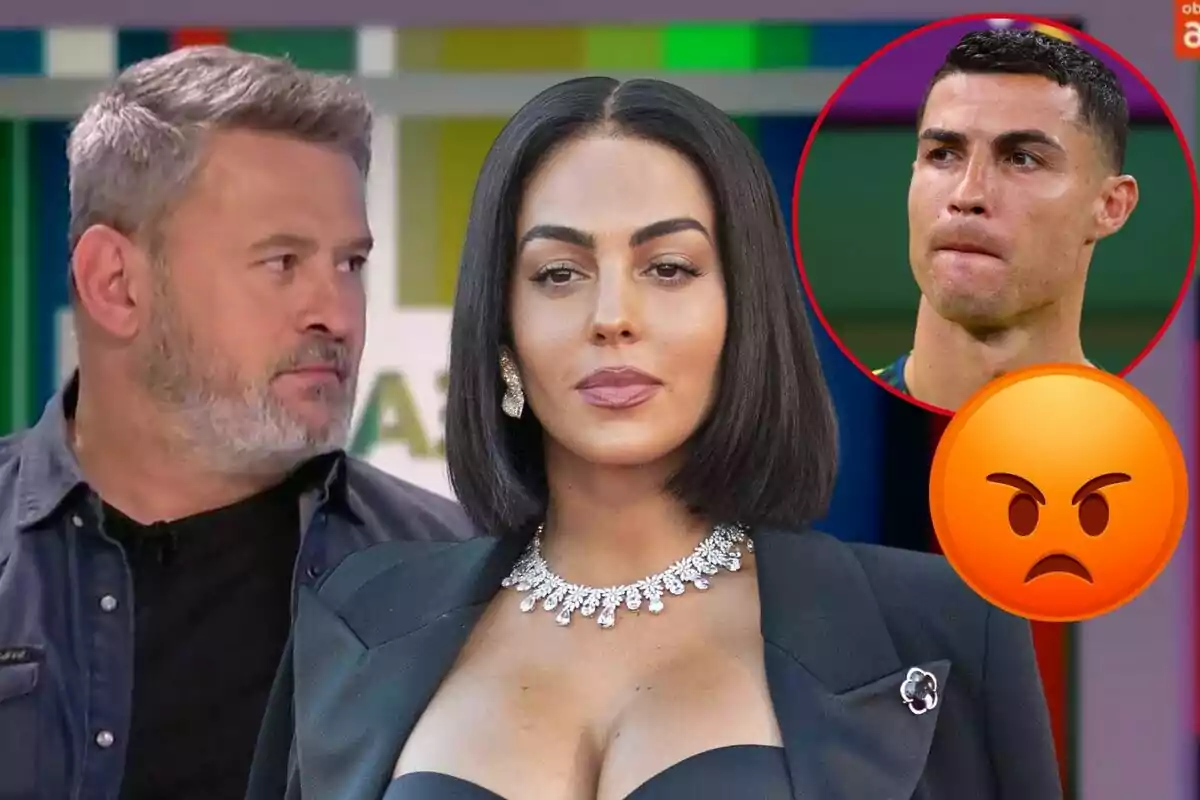 Georgina Rodríguez con un collar de diamantes está en primer plano, mientras que Miki Nadal con barba gris y una expresión seria está al fondo; en la esquina superior derecha, hay una imagen de Cristiano Ronaldo con una expresión preocupada dentro de un círculo rojo, junto a un emoji de cara enojada.