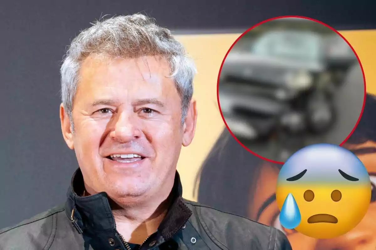 Miki Nadal sonriente con cabello canoso y una chaqueta oscura, con una imagen borrosa de un coche dañado en un círculo rojo y un emoji de cara triste con una lágrima en la esquina inferior derecha.