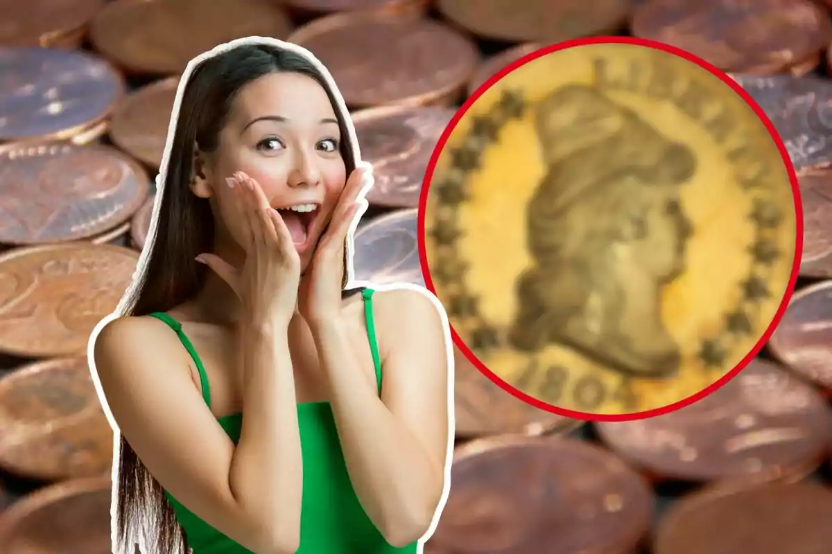 A woman with a surprised expression is in front of a background of copper coins, with a close-up of an ancient coin in a red circle.