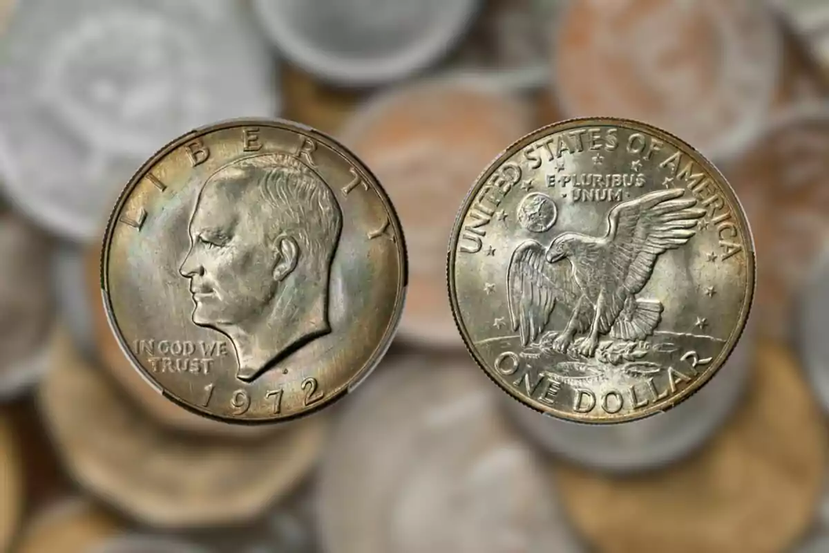 1972 United States one-dollar coin with a man's profile on the obverse and an eagle on the reverse. 1972 United States one-dollar coin with a man's profile on the obverse and an eagle on the reverse.
