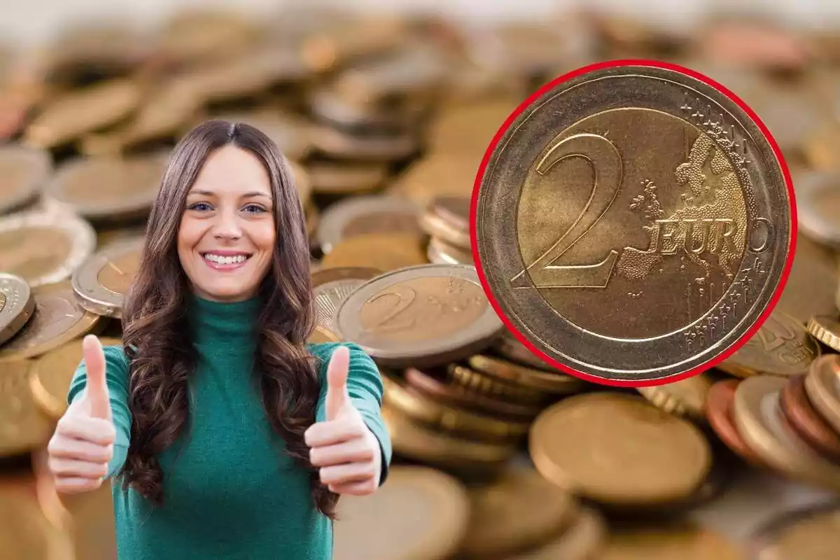 Montaje de varias monedas, una de 2 euros y una mujer feliz