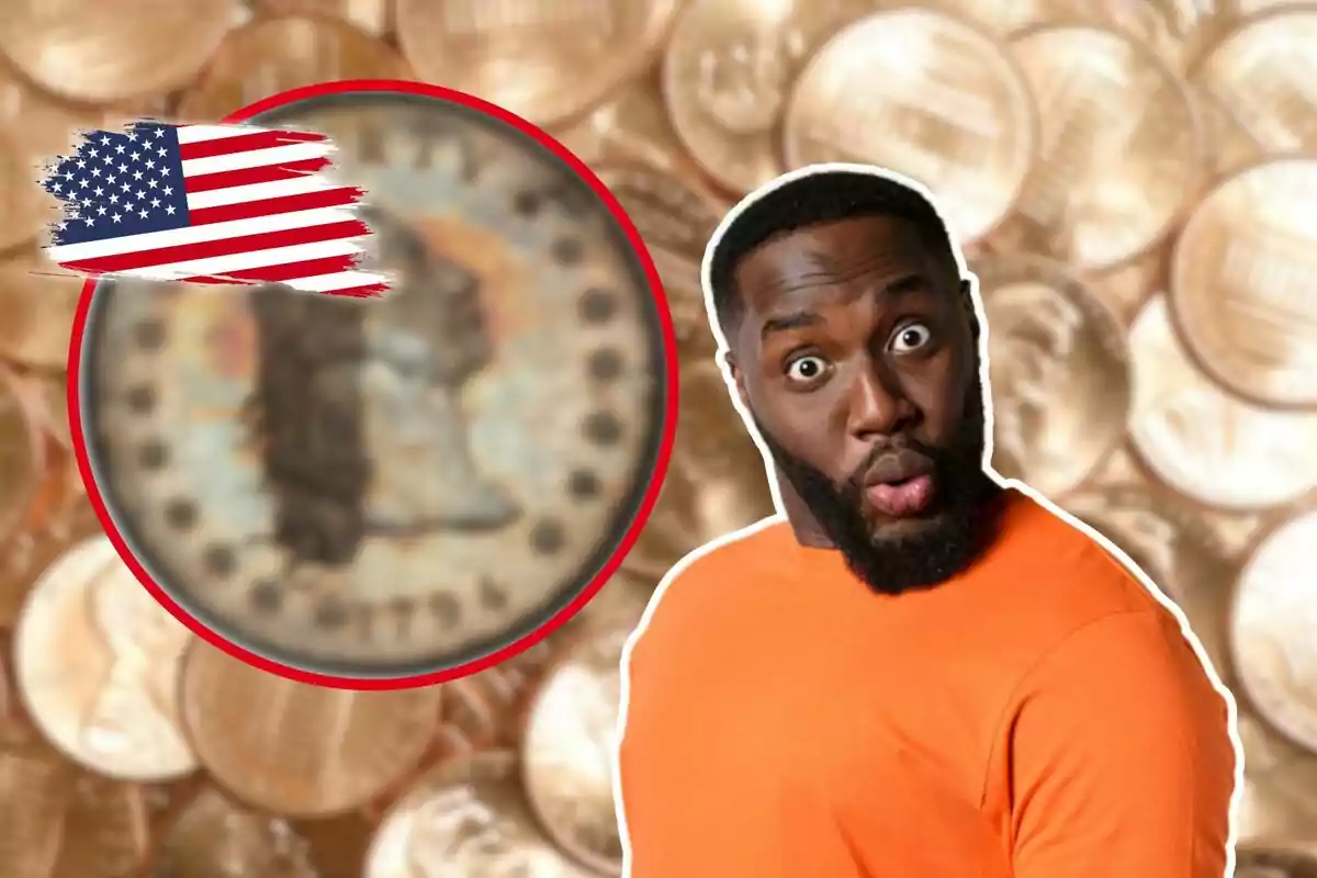 Un hombre con expresión de sorpresa junto a una imagen borrosa de una moneda antigua y una bandera de Estados Unidos sobre un fondo de monedas.