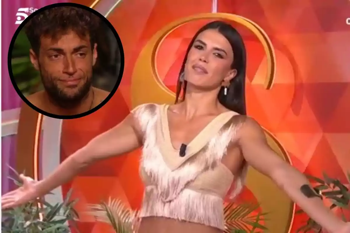 Montaje con Sofía Suescun, con los brazos extendidos en el plató de 'Socialité', y Montoya, con cara triste y dentro de un círculo negro en la esquina superior derecha