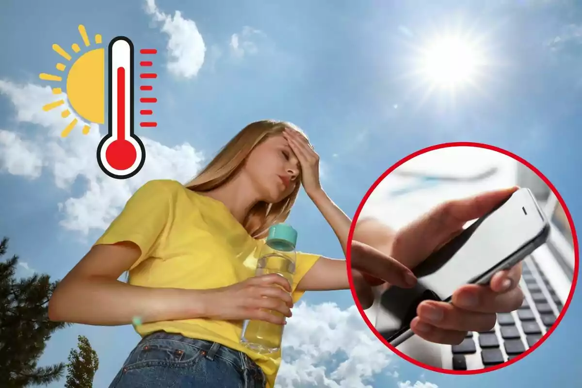 Una mujer porta una botella de agua en un día soleado, y en el círculo, un móvil