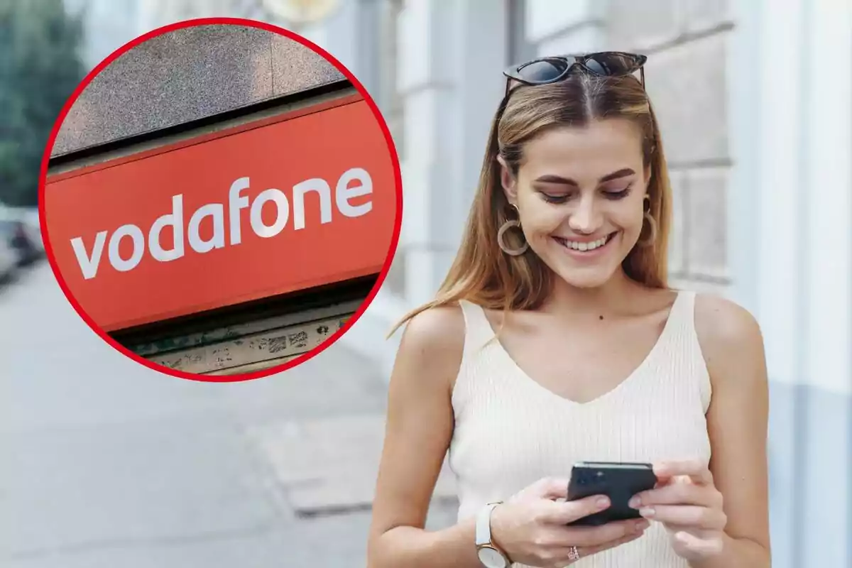 Una chica revisa su móvil sonriente, y en el círculo, un letrero de Vodafone