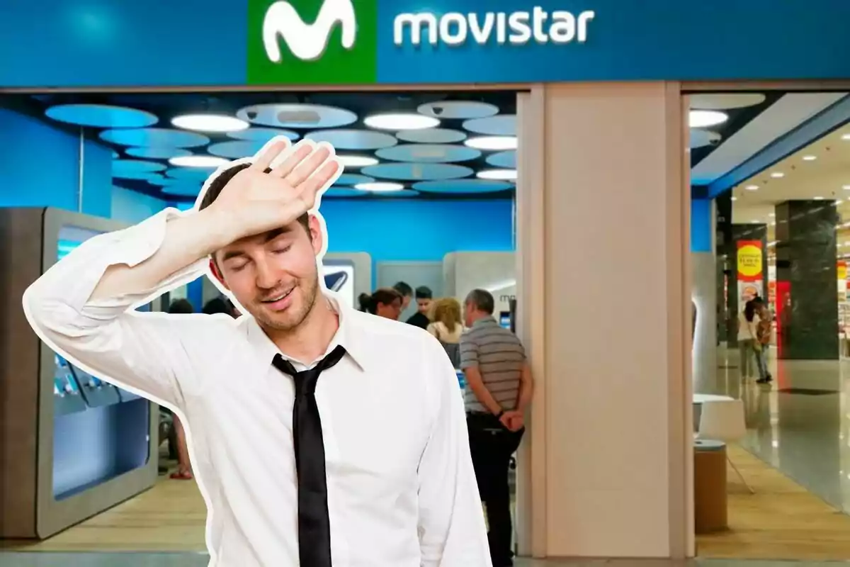 Un hombre con camisa blanca y corbata negra se seca el sudor de la frente frente a una tienda de Movistar.