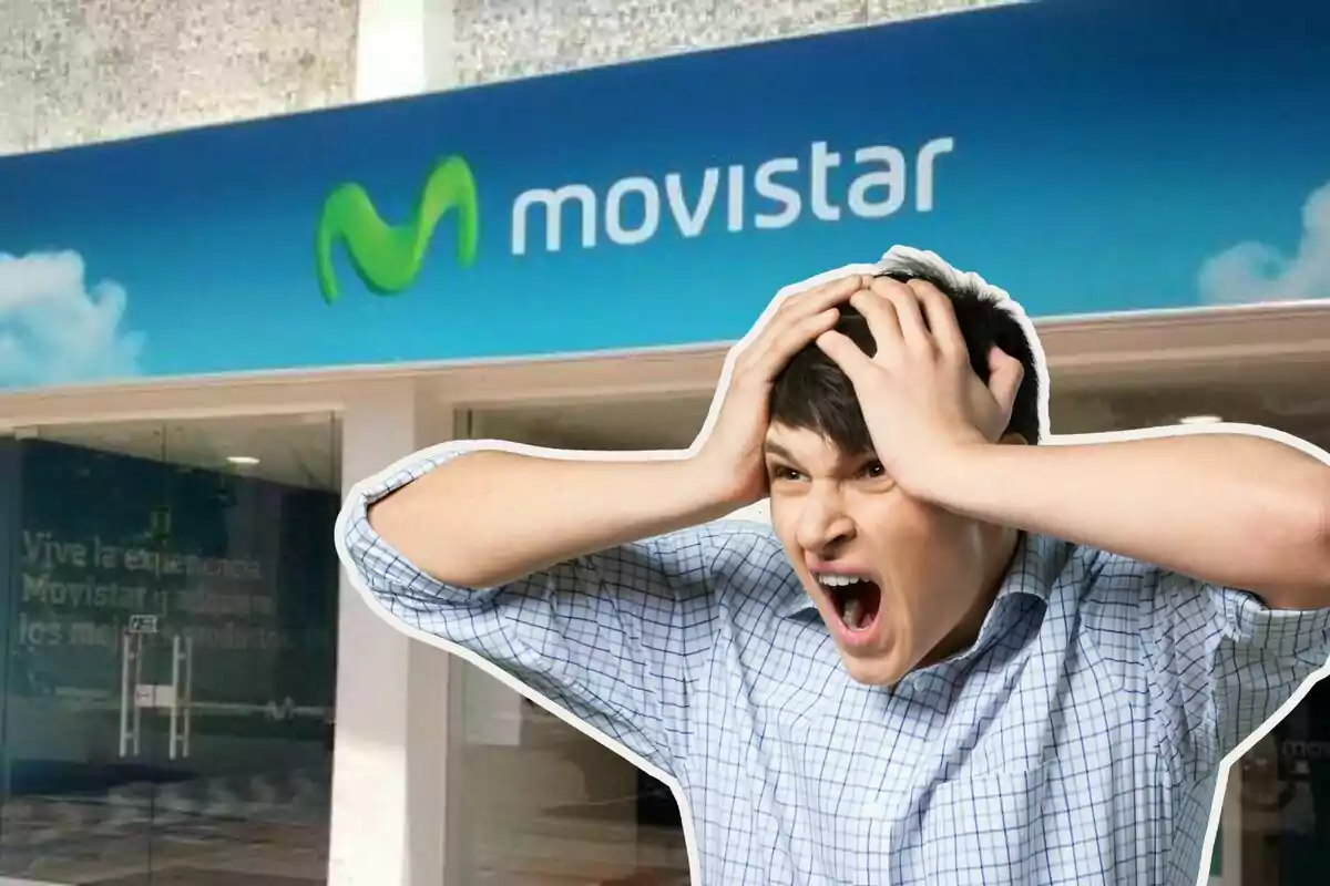 Man with a frustrated expression in front of a Movistar store.