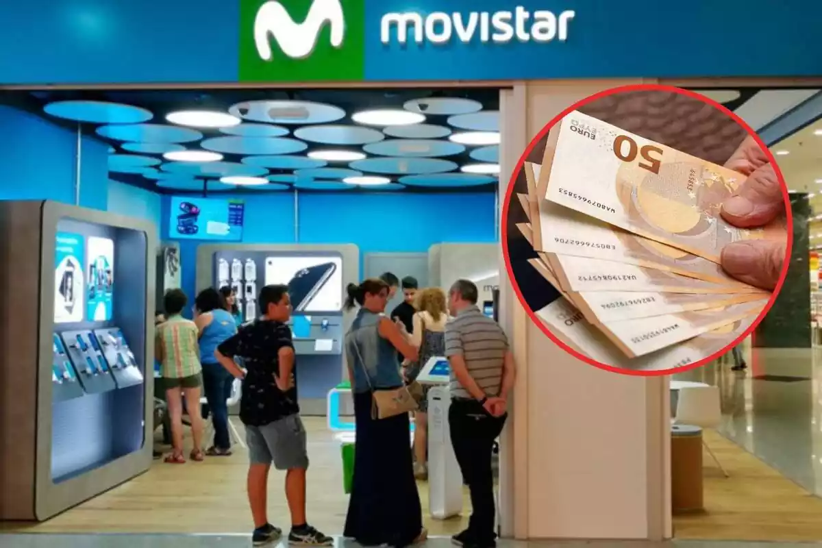 Tienda de Movistar con clientes y billetes