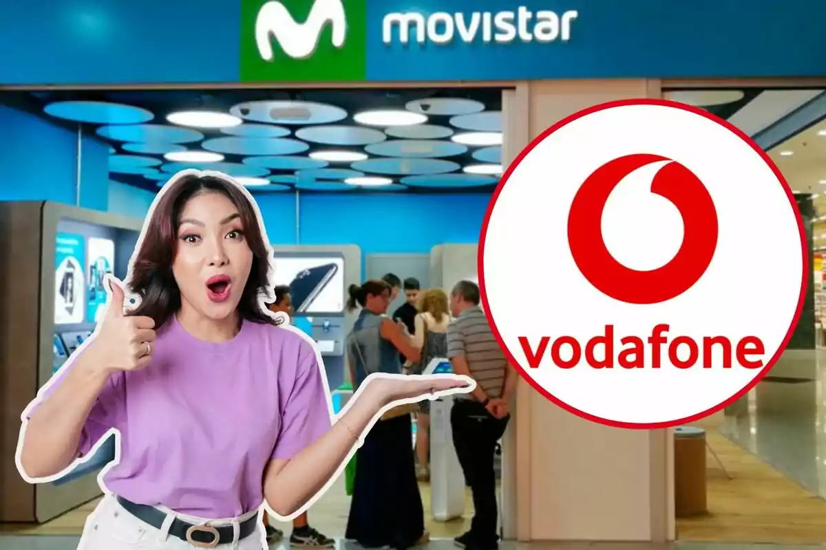 Una mujer con una camiseta morada hace un gesto de aprobación con el pulgar hacia arriba y una expresión de sorpresa, mientras señala hacia un logotipo de Vodafone; al fondo, se puede ver una tienda de Movistar con varias personas dentro.