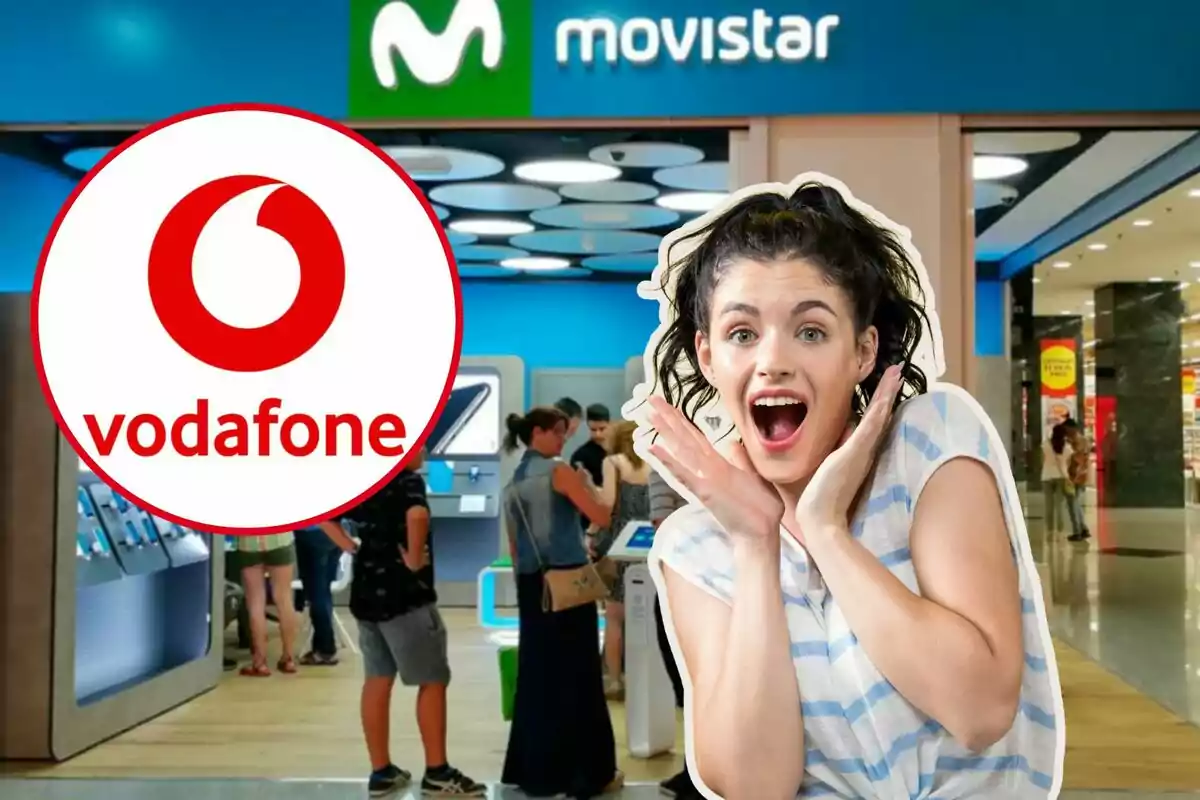 Una mujer emocionada frente a una tienda de Movistar con el logo de Vodafone superpuesto.