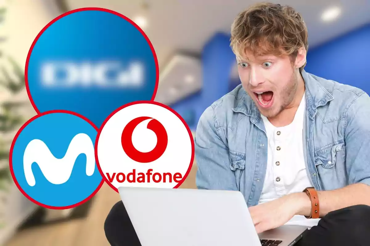 Surprised man looking at a laptop with Digi, Movistar and Vodafone logos in the background.