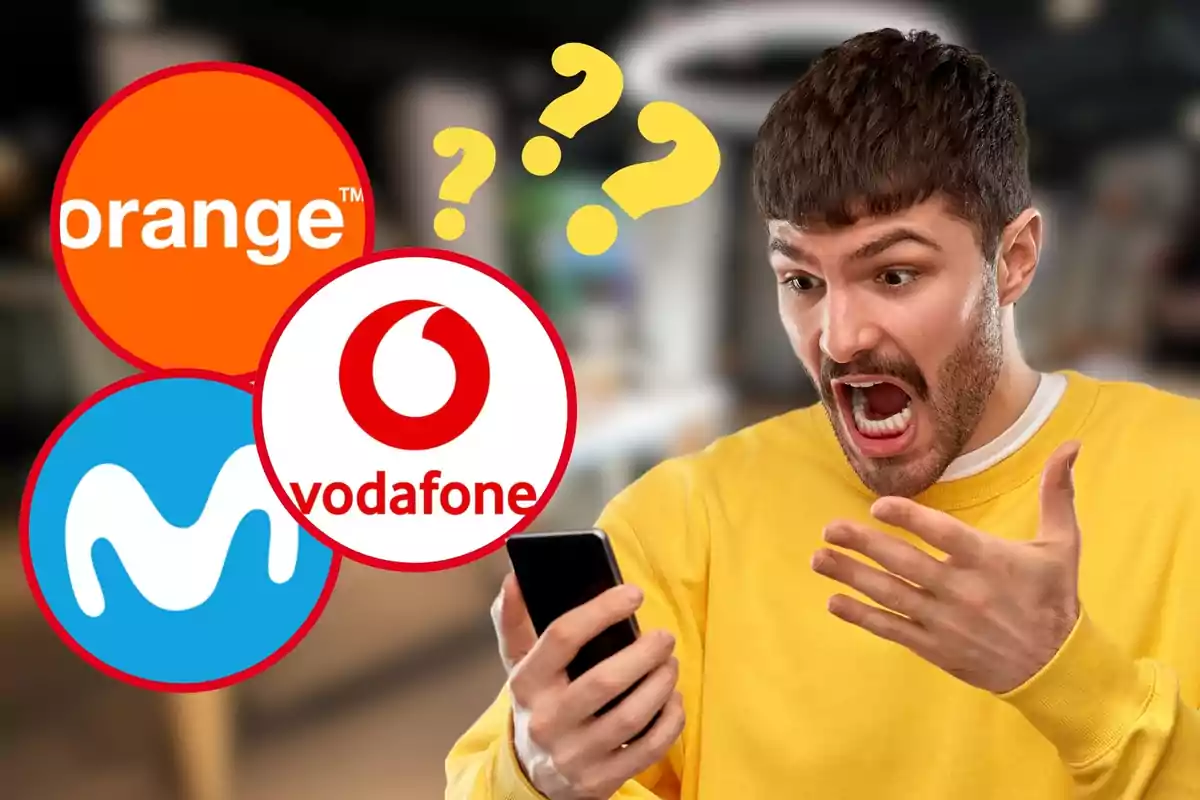 A man with a surprised or confused expression looks at his mobile phone as the Orange, Vodafone and Movistar logos float around him with yellow question marks.