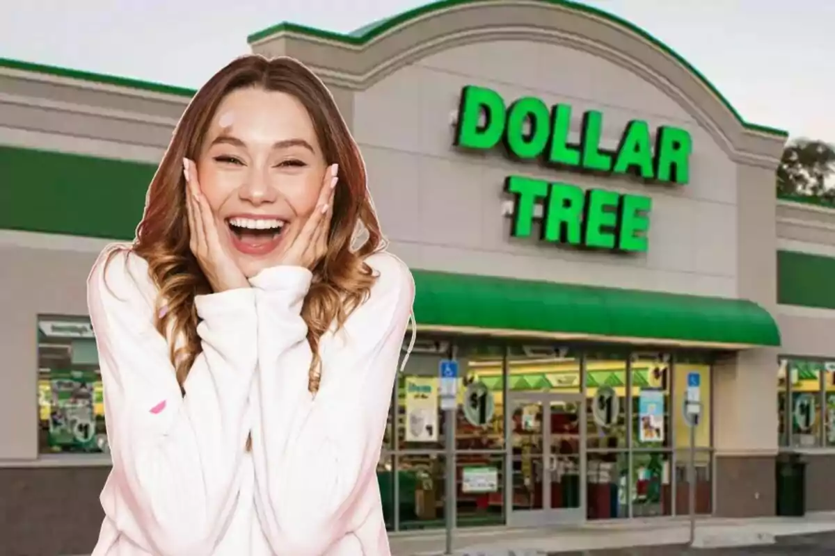 Smiling young woman with her hands on her face in front of a Dollar Tree store