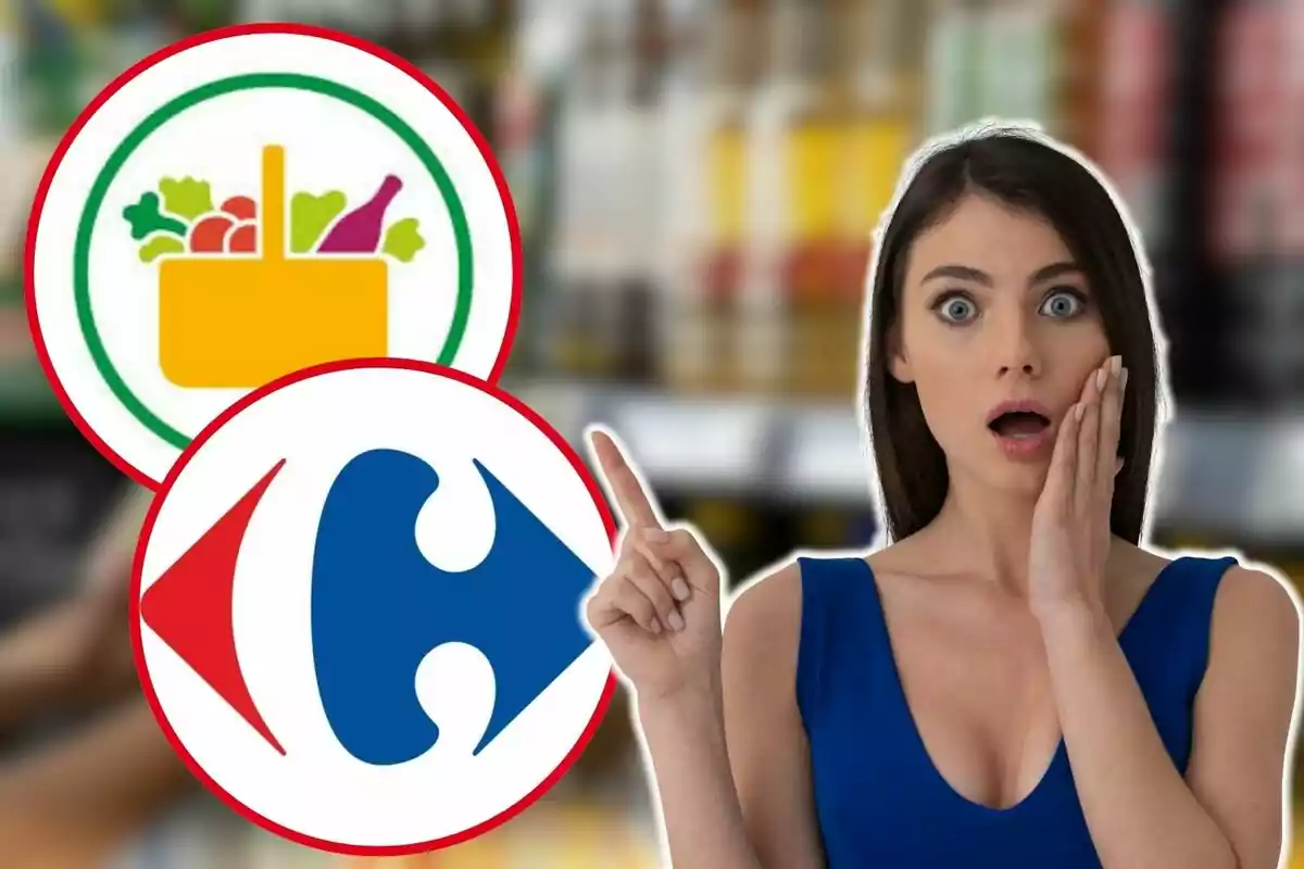 Una mujer con expresión de sorpresa señala dos logotipos de supermercados.