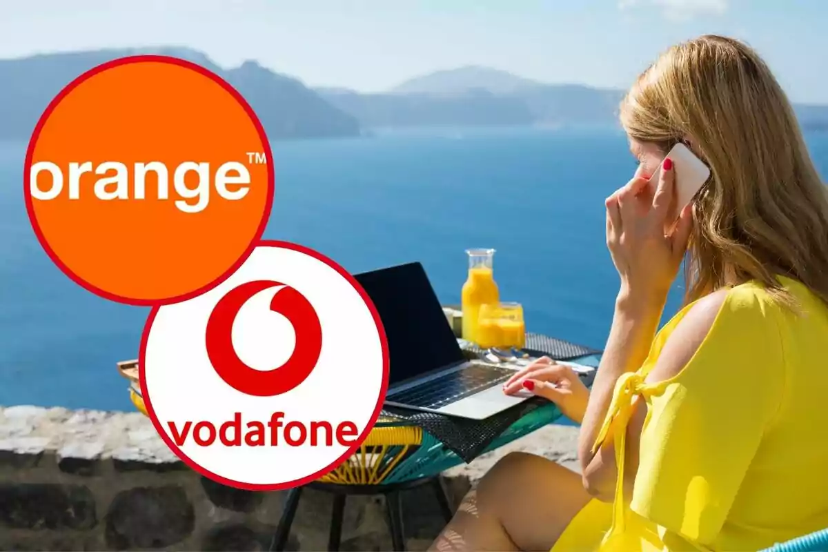 Mujer hablando por teléfono junto al mar con logos de Orange y Vodafone.