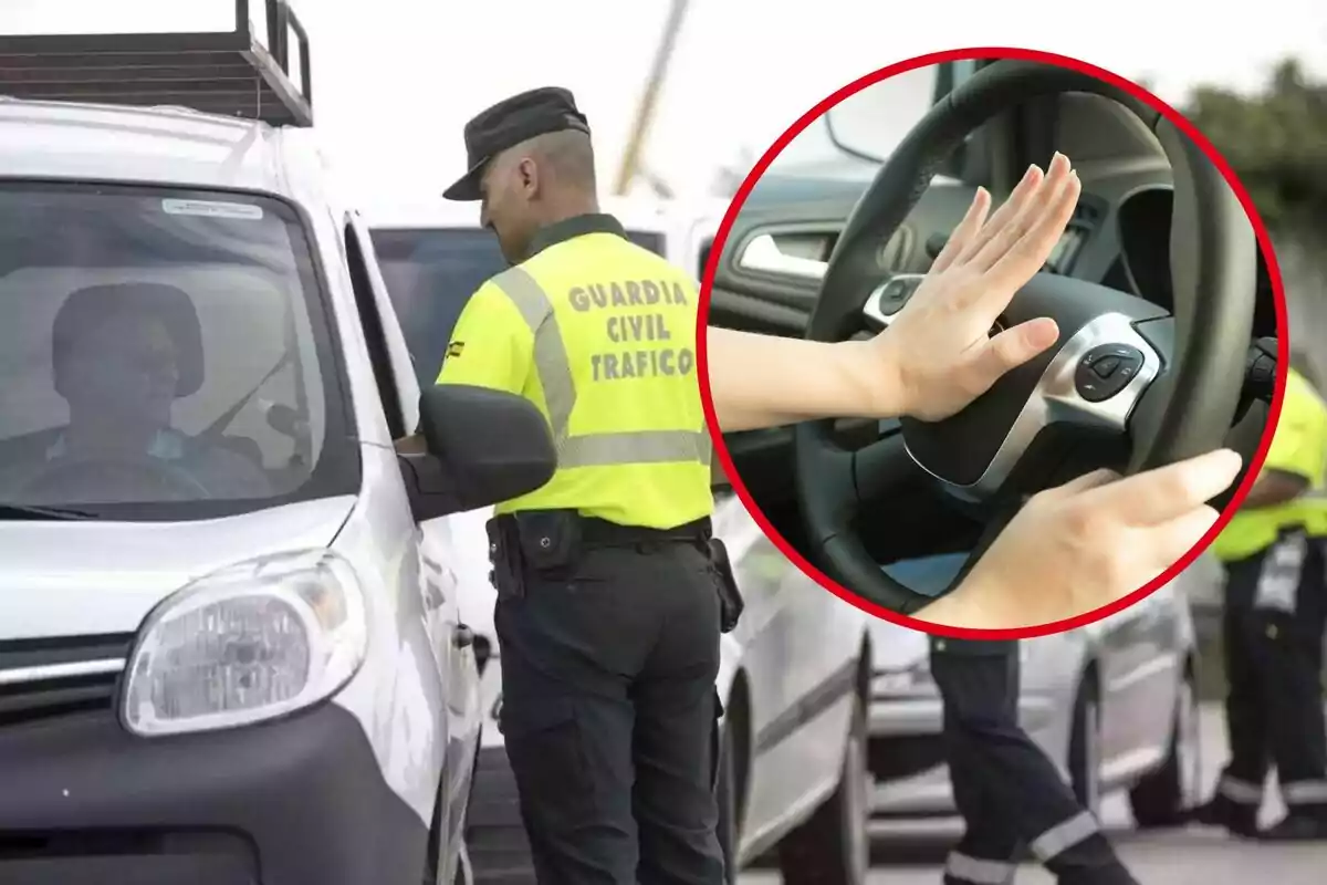 La guardia civil en un control de tráfico, y en el círculo, una persona toca el claxon del coche