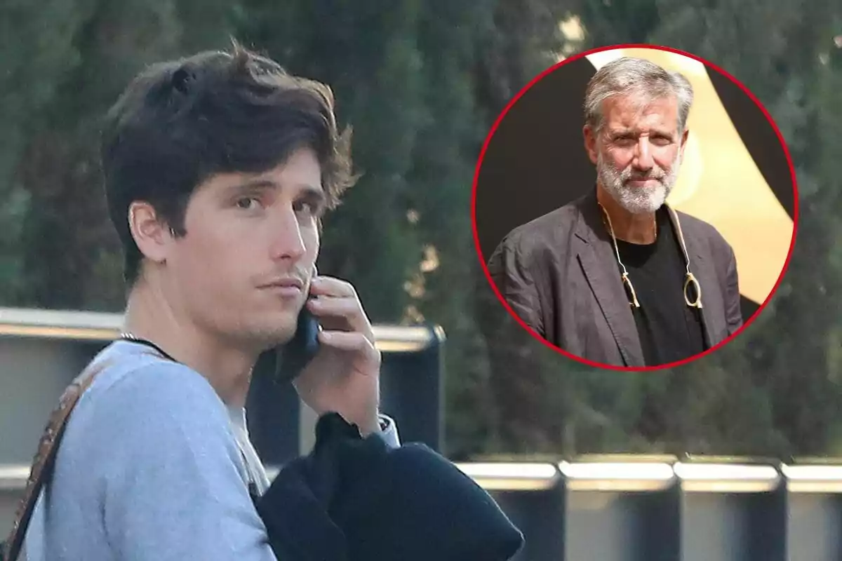 Nacho Aragón hablando por teléfono con la imagen de Emilio Aragón en un círculo rojo en la esquina superior derecha.