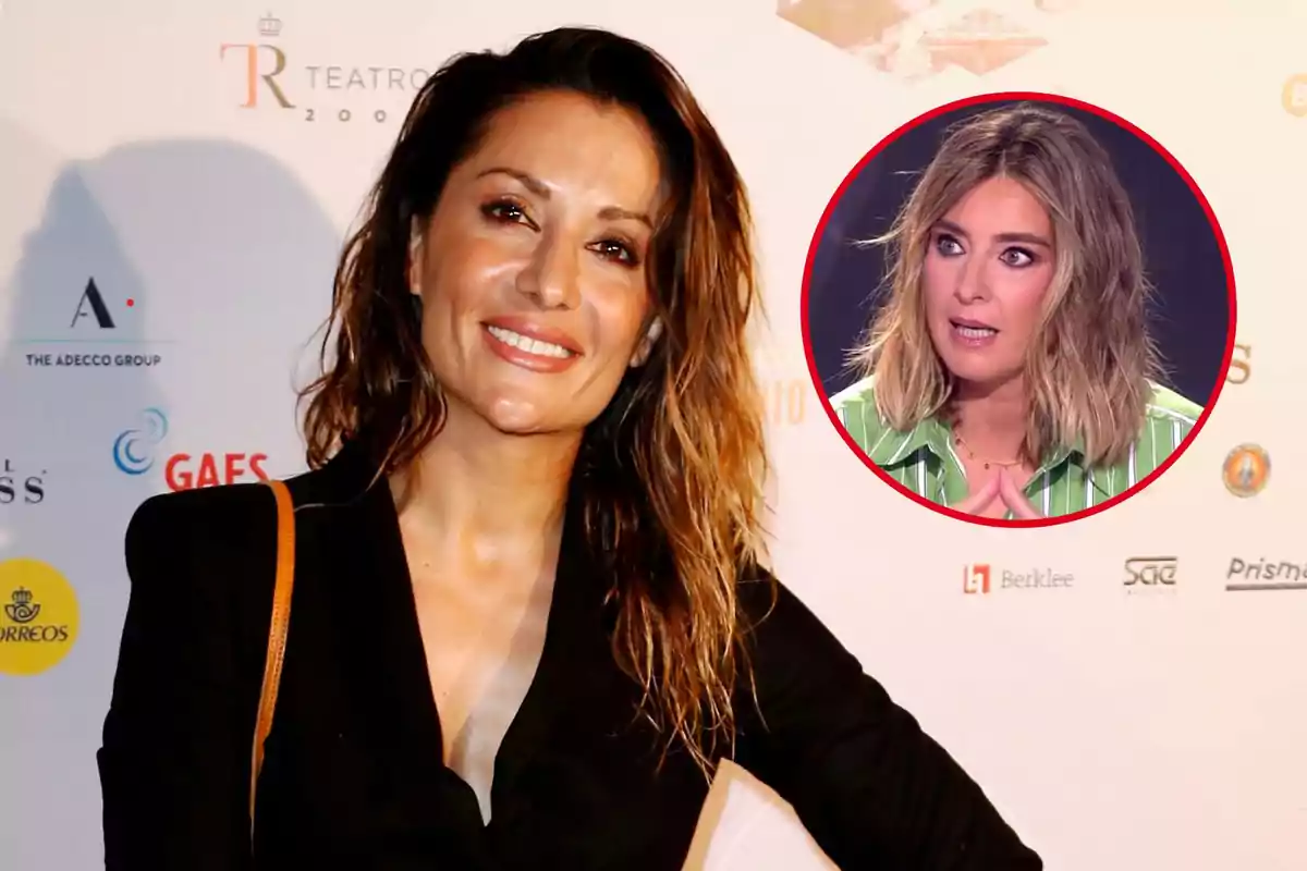 Nagore Robles sonriente con cabello suelto y una blusa negra posa frente a un fondo con logotipos, mientras en un círculo rojo se muestra a Sandra Barneda con cabello rubio y una camisa verde a rayas.