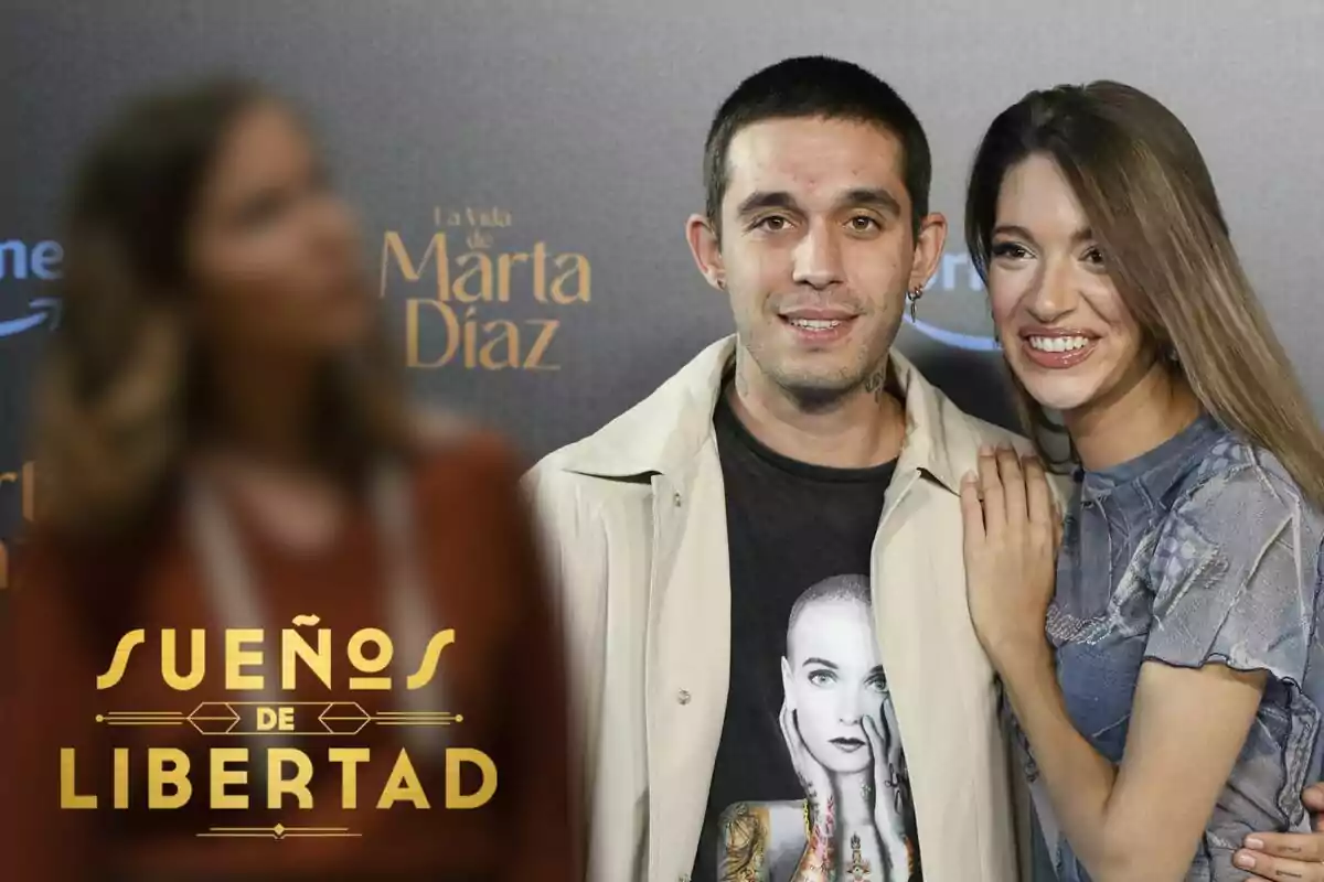 Montaje de Natalia Sánchez desenfocada, Víctor Elías sonriendo en chaqueta beige junto a Ana Guerra sonriendo con blusa azul y el logo de 'Sueños de libertad'