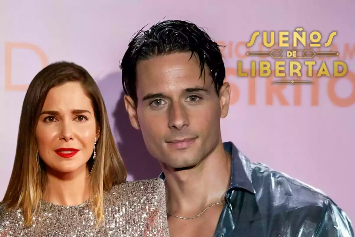 Natalia Sánchez y David Matarín posando en un evento con el texto "Sueños de Libertad" en el fondo.