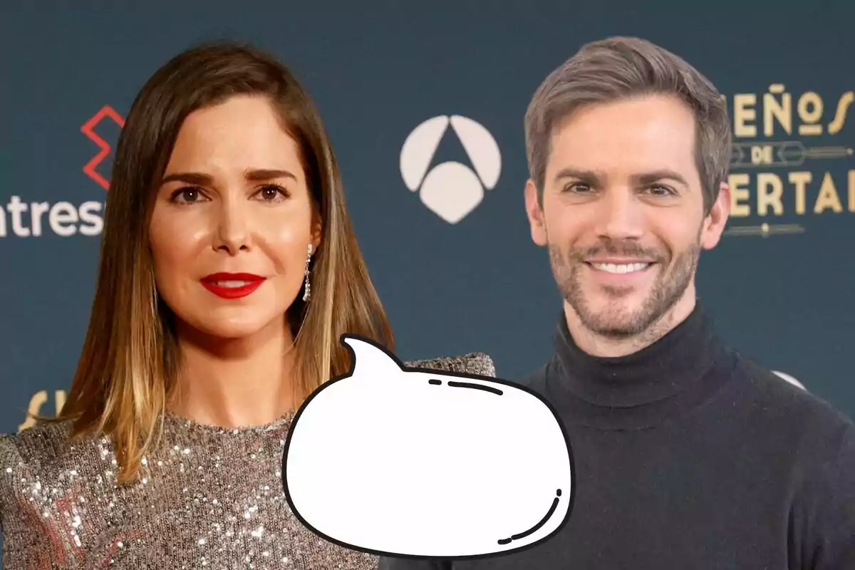 Natalia Sánchez y Marc Clotet posando frente a un fondo con logotipos, una mujer con vestido brillante y un hombre con suéter negro, con un globo de diálogo vacío en primer plano.