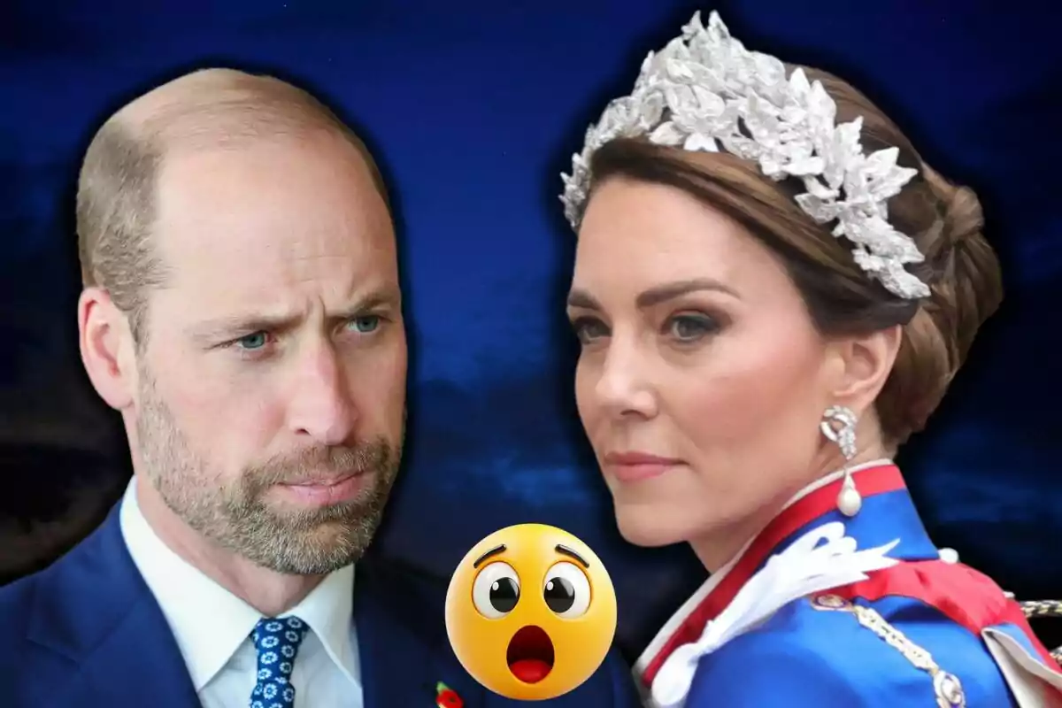 El príncipe Guillermo y Kate Middleton con expresiones serias, una de ellas lleva una tiara, con un emoji sorprendido en el centro sobre un fondo oscuro.