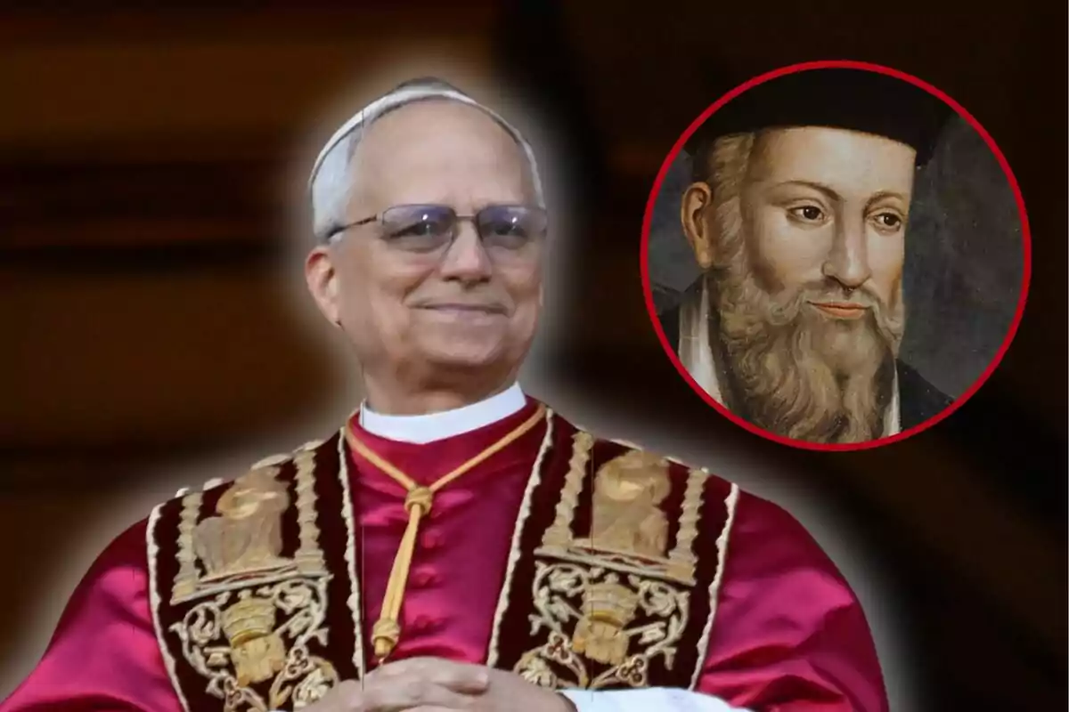A man dressed in religious attire smiles, while a portrait of a bearded man appears in a red circle next to him. A man dressed in religious attire smiles, while a portrait of a bearded man appears in a red circle next to him.
