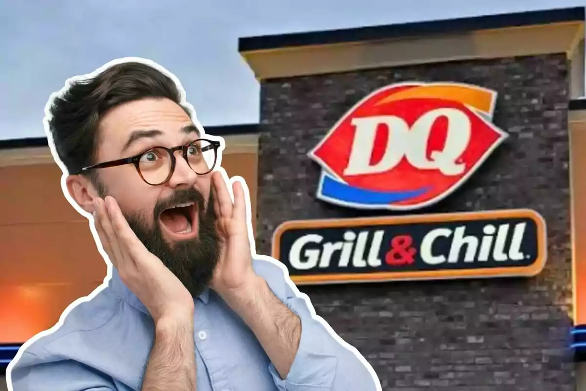 Man with a surprised expression in front of a Dairy Queen Grill & Chill sign