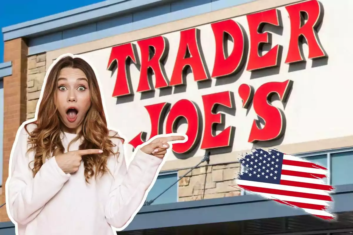 A surprised woman points to the sign of a Trader Joe's store with a United States flag in the corner.
