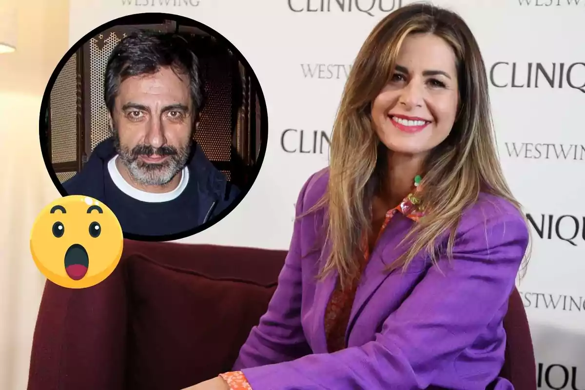 Nuria Roca con un saco morado sentada frente a un fondo con logotipos de Clinique y Westwing, junto a un círculo que muestra a Juan del Val y un emoji sorprendido.