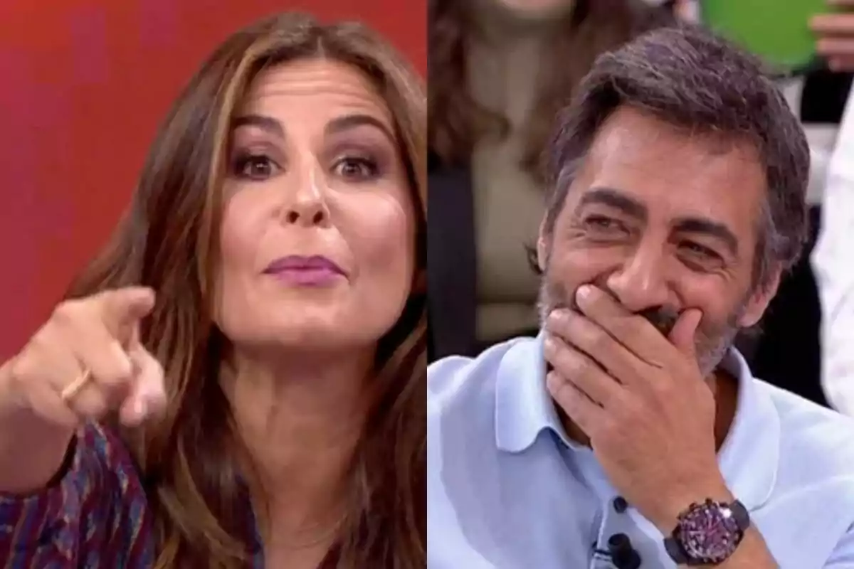 Nuria Roca con gesto enfadada y señalando con el dedo a la izquierda con Juan del Val nervioso con la mano en la cara a la derecha, ambos en La Roca. Nuria Roca con gesto enfadada y señalando con el dedo a la izquierda con Juan del Val nervioso con la mano en la cara a la derecha, ambos en La Roca.