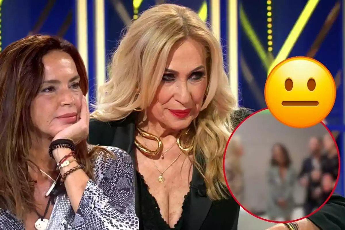 Olga Moreno y Rosa Benito sentadas, Olga con la mano en la barbilla, con un emoji de cara neutral y una imagen borrosa en un círculo rojo.