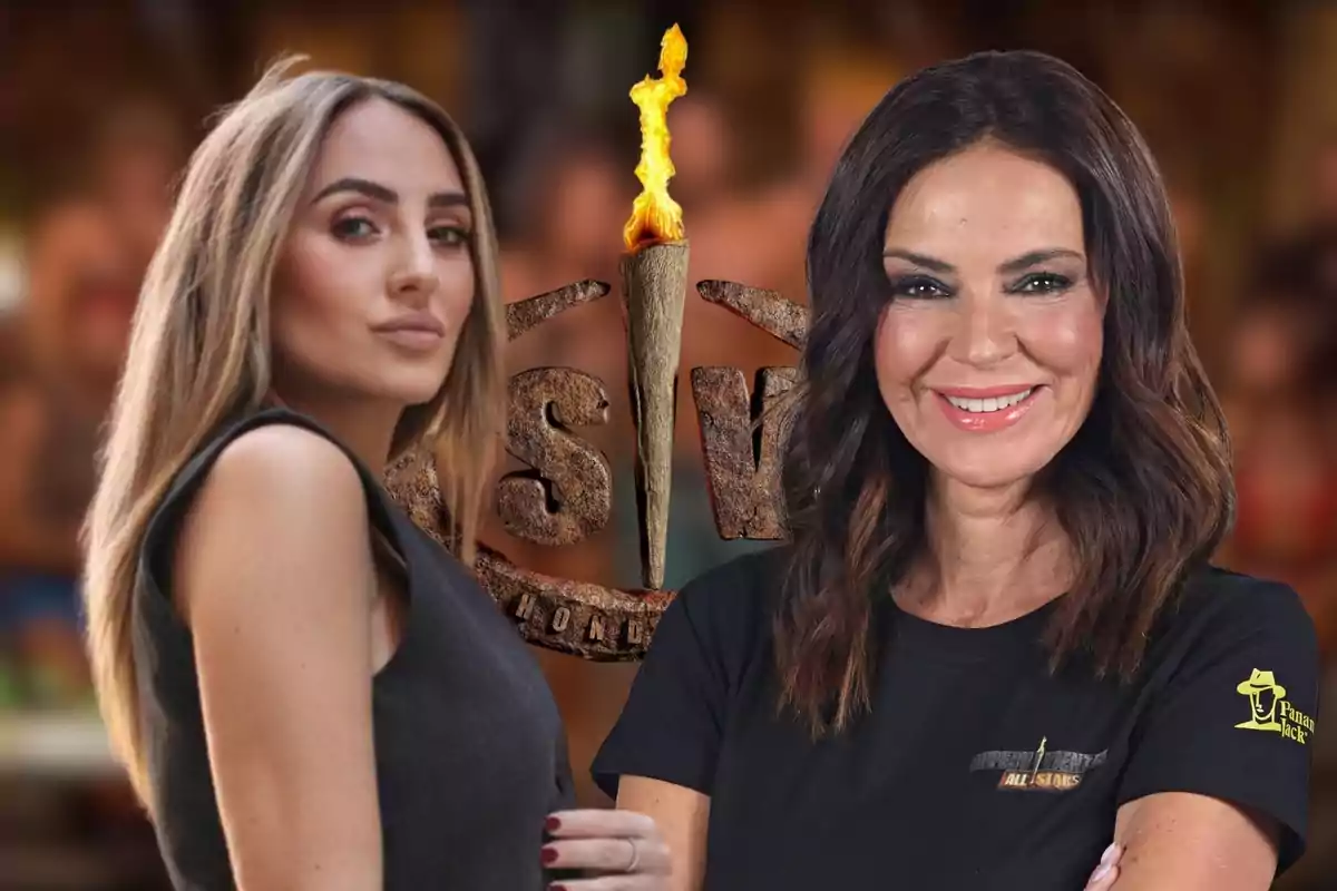 Rocío Flores y Olga Moreno posan frente a un logotipo con una antorcha encendida.