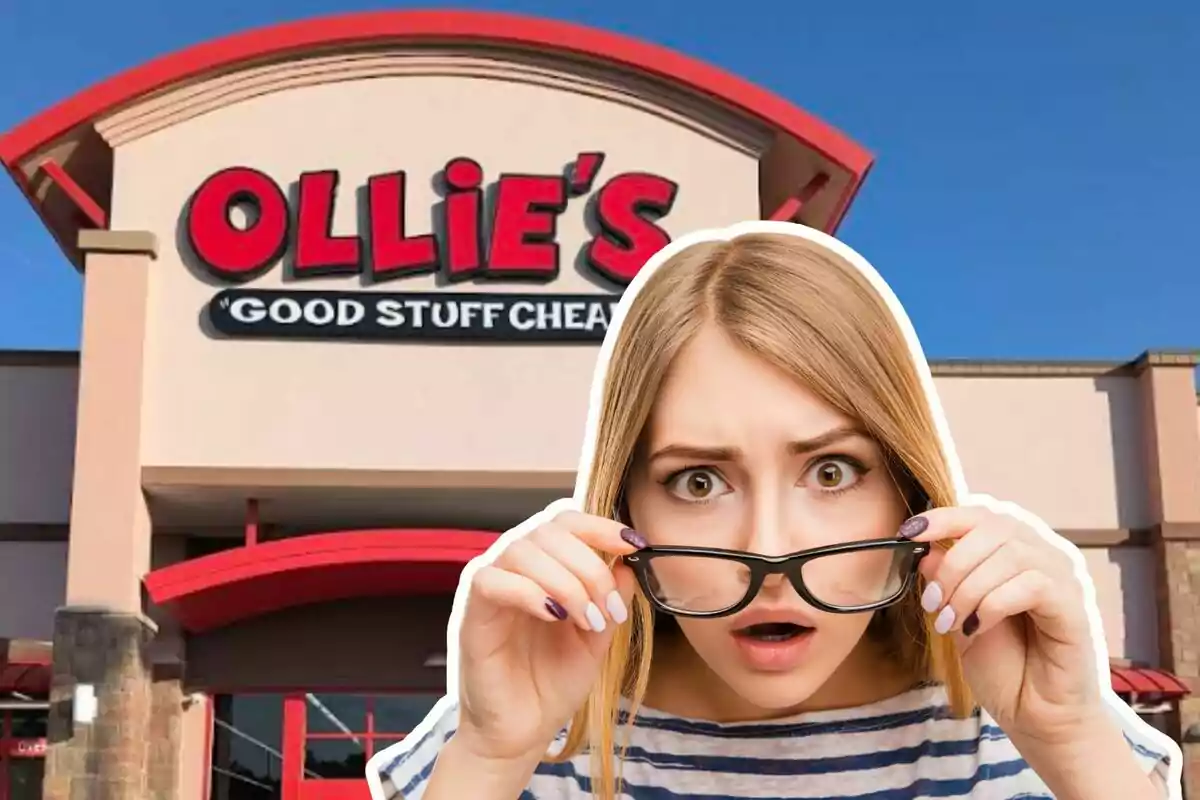 Una mujer con expresión de sorpresa sostiene sus gafas frente a una tienda con el letrero "Ollie's Good Stuff Cheap".