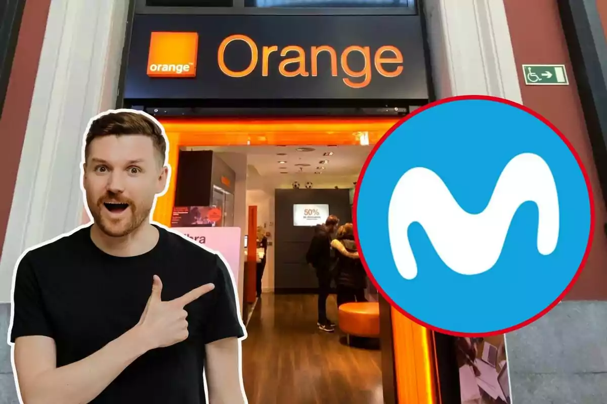 Un hombre señalando con sorpresa una tienda de Orange con el logo de Movistar superpuesto.