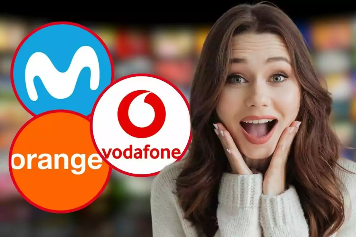 Mujer sorprendida con logos de Movistar, Vodafone y Orange en el fondo.