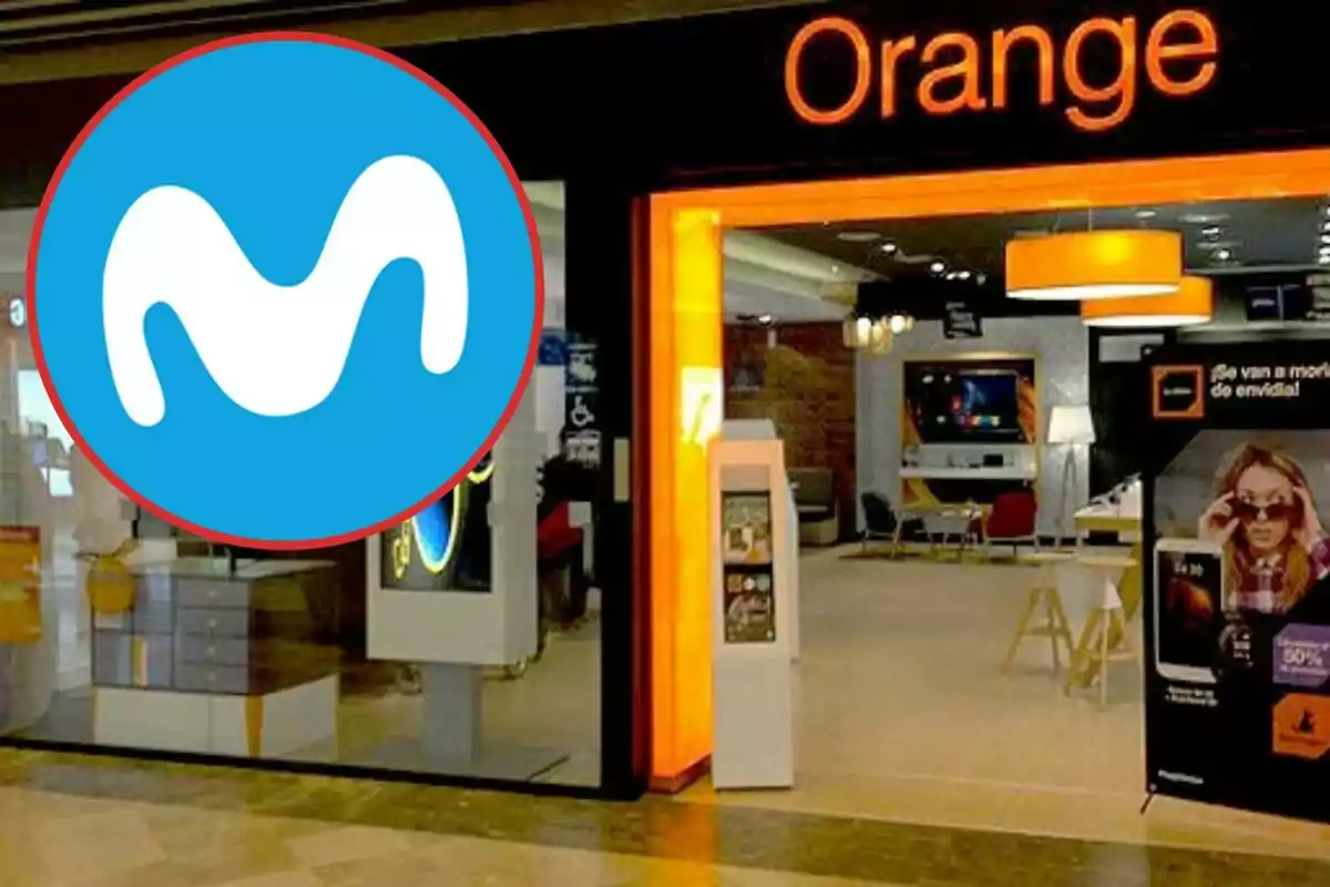 Logotipo de Movistar superpuesto sobre una tienda de Orange.